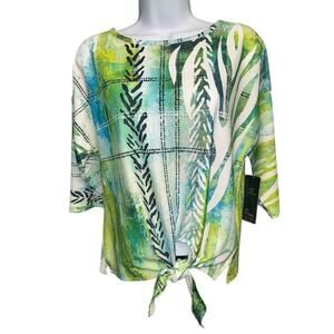 Ali Miles PL Top Green Blue Floral Textured Eyelet Fabric Waist Tie Petite Large